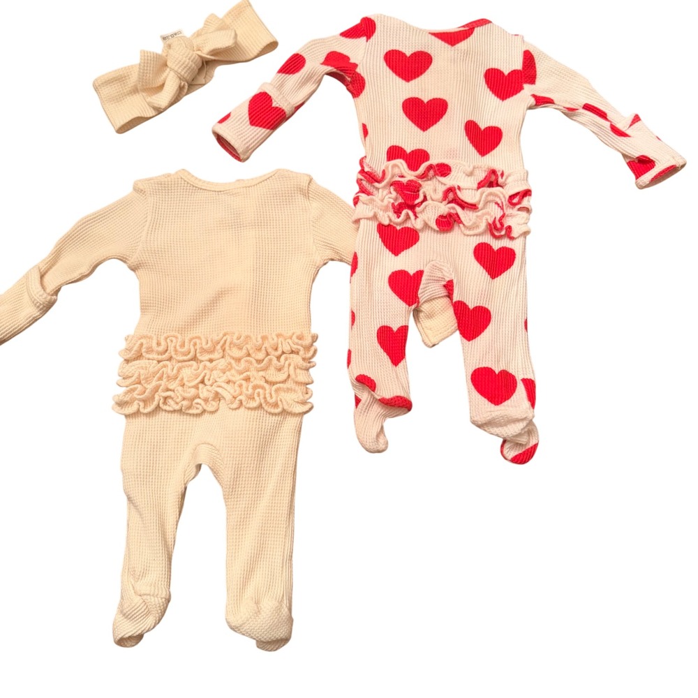 Spearmint Love Newborn Organic Cotton Waffle Knit Heart Ruffle Footie Set Bundle